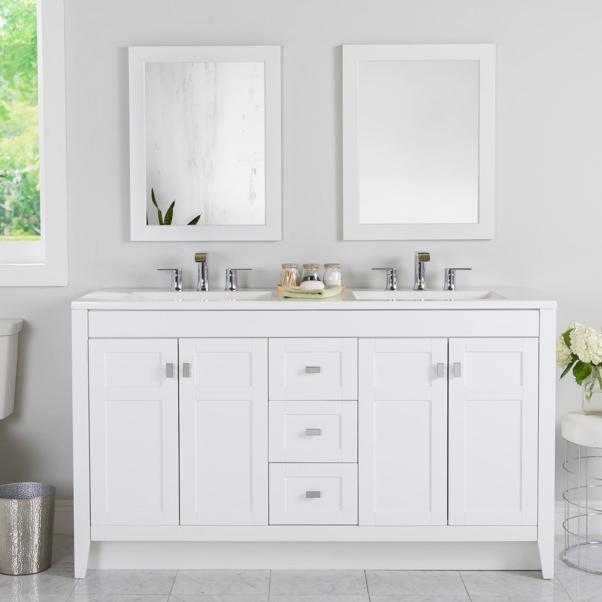 Spring Mill Cabinets Lonsdale 60-Inch Double-Sink Bathroom Vanity with White Top, 2 Soft-Close Cabinets, 3 Drawers, 60.5" W x 18.75" D, White Spring Mill Cabinets