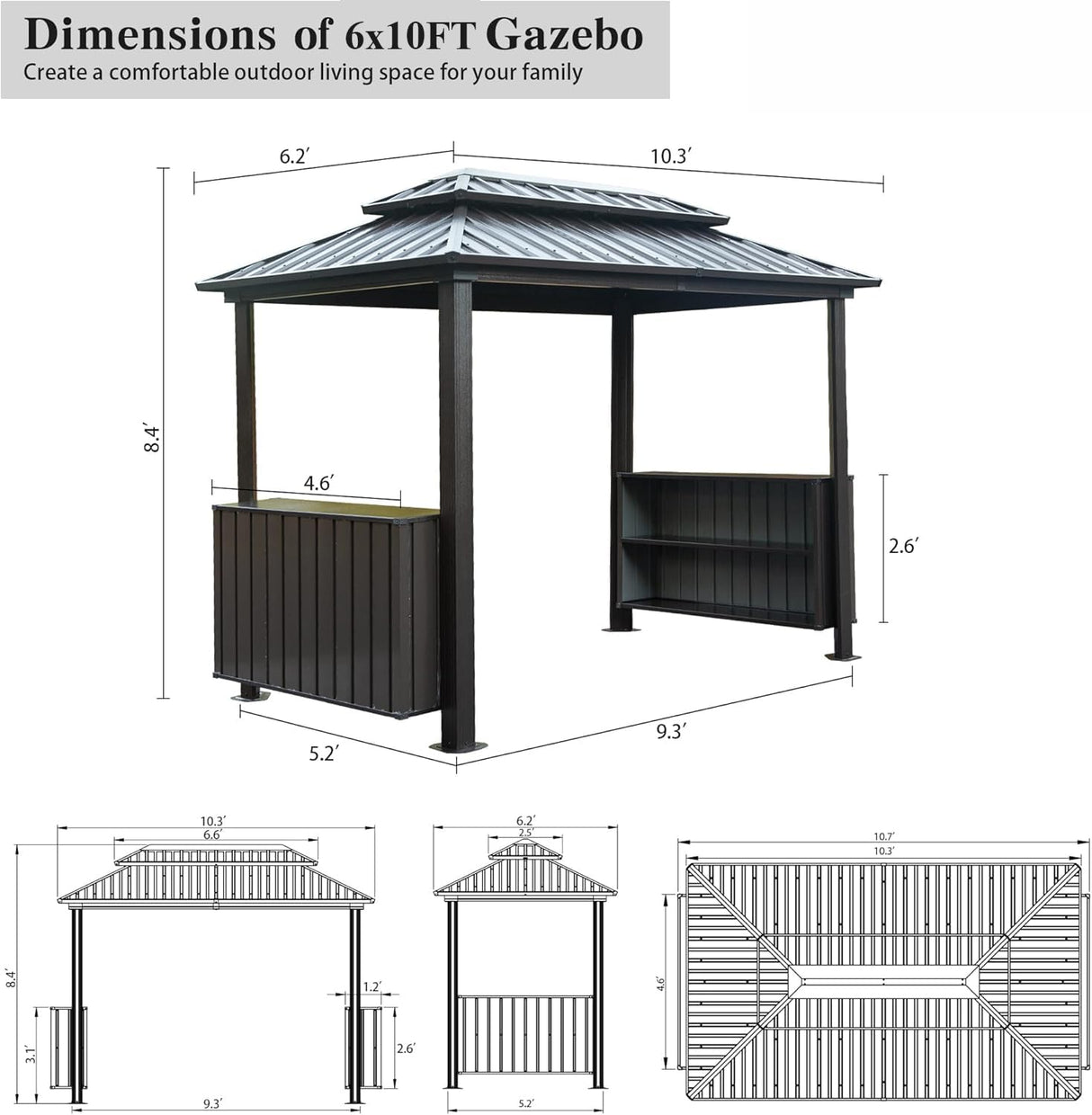 6x10FT Hardtop Grill Gazebo, Outdoor BBQ Gazebo with Double Galvanized Steel Roof, Patio Grill Canopy with 2 Storage Cabinets and Ceiling Hooks for Backyard, Lawn, Garden,Brown GFDGFD