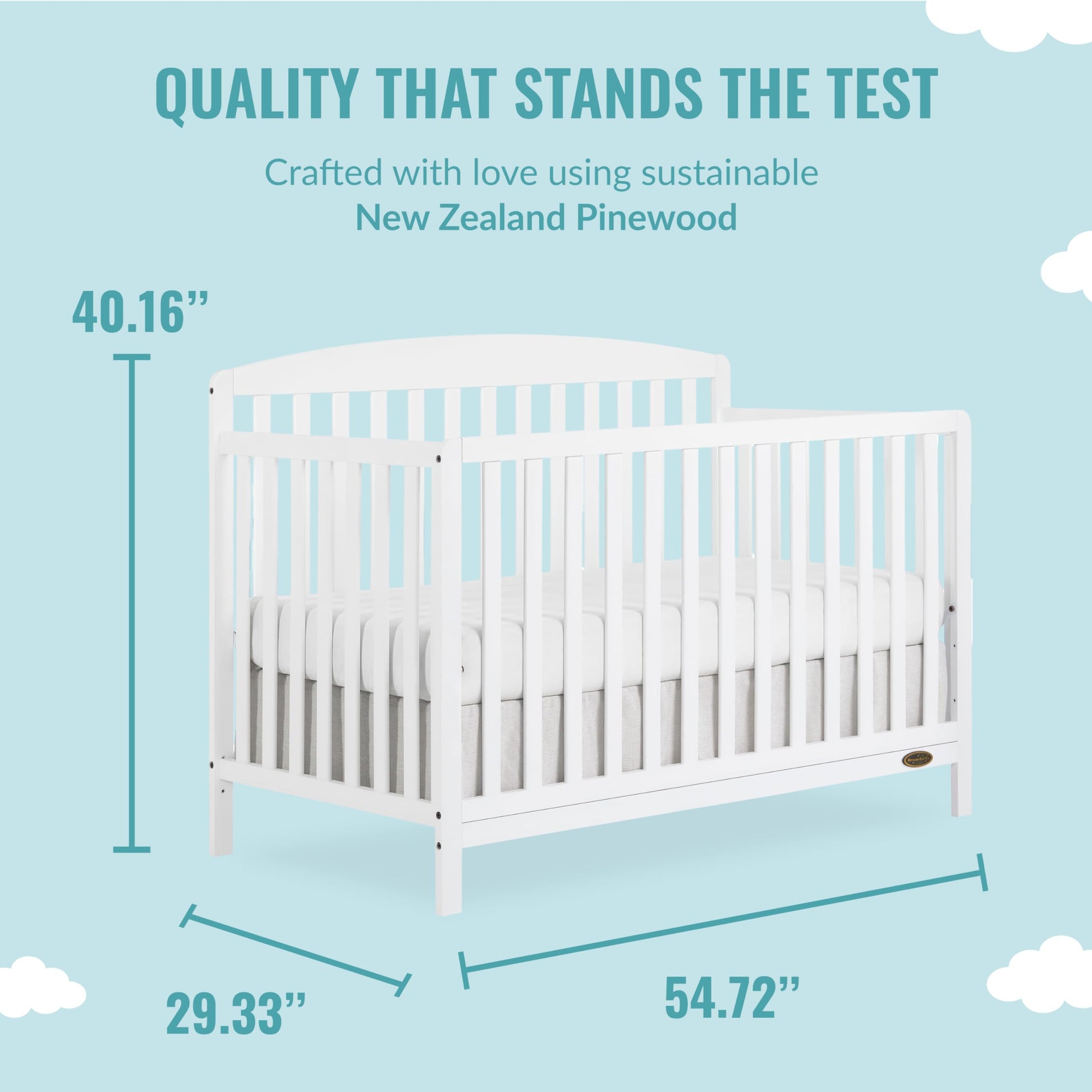 Dream On Me JPMA & Greenguard Gold Certified Odelle 5 in 1 Convertible Crib in White, Built of Sustainable Pinewood, 3 Mattress Height Settings, Non-Toxic Water-Based Paint Finish - WoodArtSupply