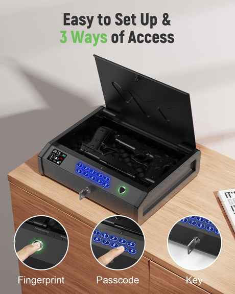 HOLEWOR Gun Safe, Biometric Safes for Pistols with LCD Display of Time Battery, Fingerprint Quick Access Handgun Safe Pistol Bedside, Nightstand, Car, 2 Capacity HOLEWOR