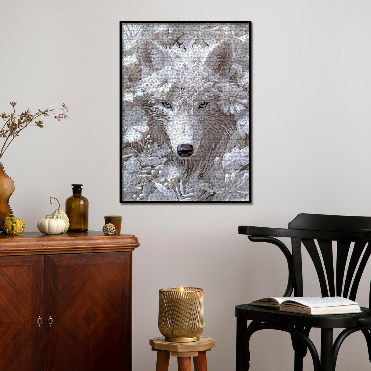 Impossible Flower Wolf Puzzles for Adults 1000 Pieces, Hard Difficult Animals White Jigsaw Puzzles, Floral Winter Wolves Art Puzzles BBOLDIN