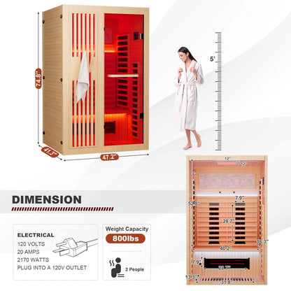 MEISSALIVVE Full Spectrum Sauna for Home,1~2 Person Indoor Infrared Sauna Room with 10 Minutes Warm-up Heate,Canadian Hemlock Wood Home Infrared Sauna with Bluetooth. and Tempered Glass