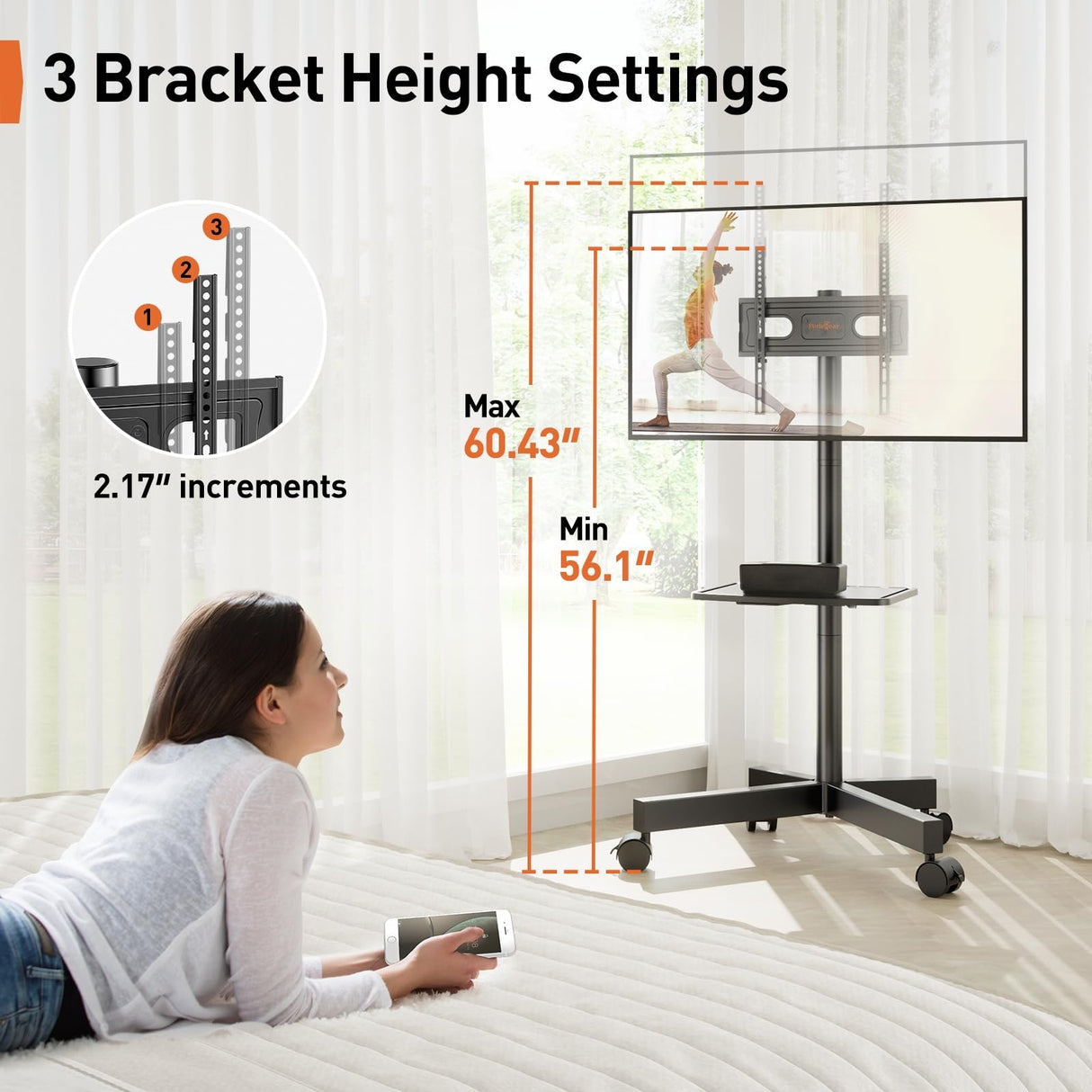 Perlegear Rolling TV Stand for 23-60 Inch LED Flat Screen/Curved TVs up to 88lbs,Mobile TV Stand Wheels with Height Adjustable Portable Rolling TV Cart Max VESA 400x400mm PGTVMC06 Perlegear