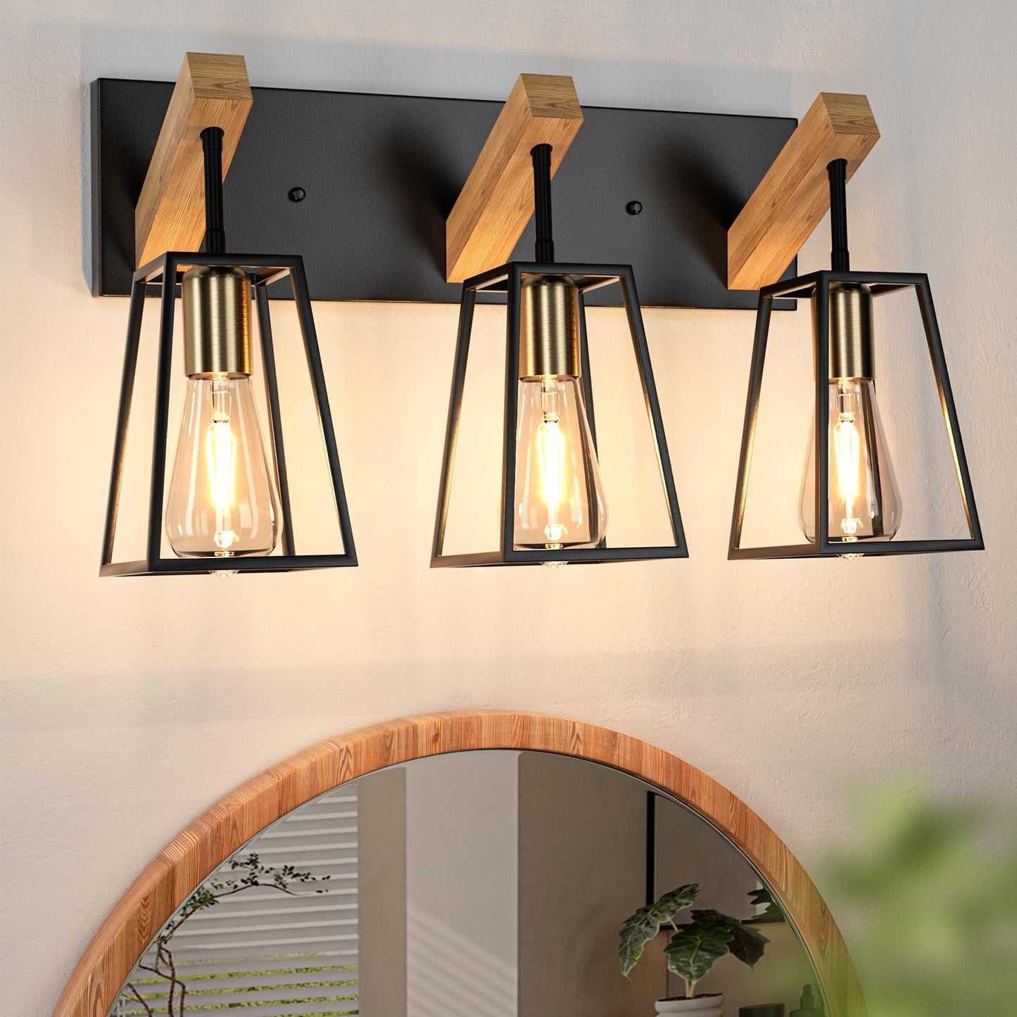 3 Light Bathroom Vanity Light - Wood Bathroom Lighting Fixtures Over Mirror Farmhouse Bathroom Vanity Light Fixtures Metal Cage Wall Sconce Black Wall Lamp for Hallway Bedroom - WoodArtSupply