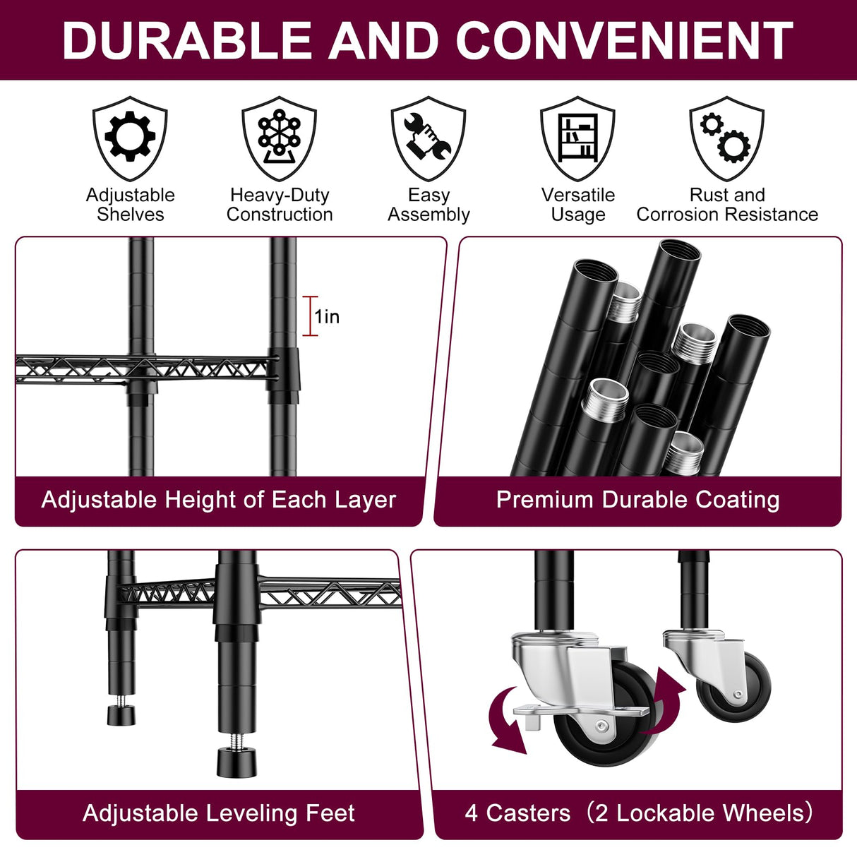 Homtura 2 Pack 5-Tier Metal Wire Shelving Unit with Wheels & Feet, 14" D x 30" W x 60" H,750 lbs Capacity Adjustable Heavy Duty Steel Wire Rack Storage Shelves for Kitchen, Garage, Pantry Homtura