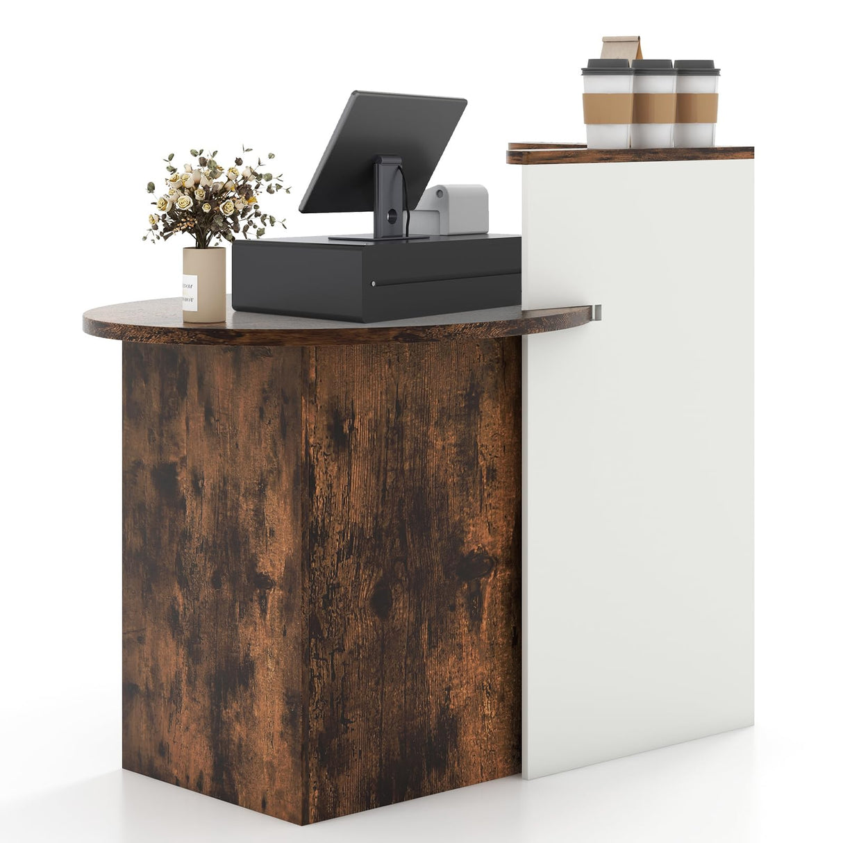 Giantex Reception Desk, Front Counter Desk with Lockable Drawer, Checkout Table with Round Tabletop, Corner Shelf & Adjustable Shelf for Office Beauty Salon Retail Store (White & Brown) Giantex