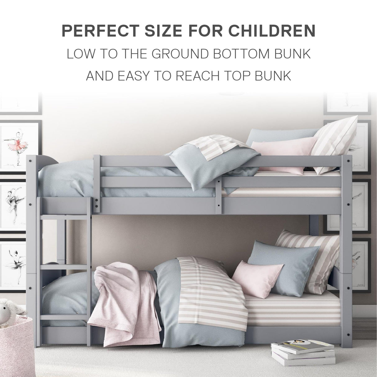 DHP Phoenix Convertible Low Wood Floor Bunk Bed, Stackable and Detachable Bed Frames for Kids, Solid Wood, with Ladder, High Guardrail, Wood Slats, No Boxspring Required, Twin-Over-Twin, Gray DHP