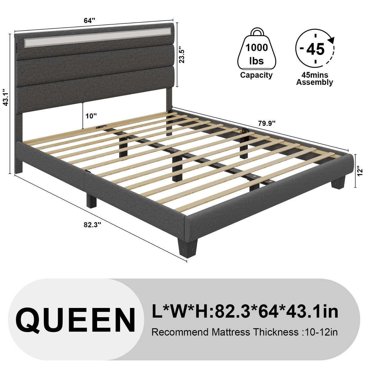 Benevika Queen Size Bed Frame with Charging Station and LED Lights, Modern Upholstered Bed Frame with Headboard, Linen Fabric Beds, Wood Slats, No Box Spring Needed, Easy Assembly, No Noise, Grey Benevika