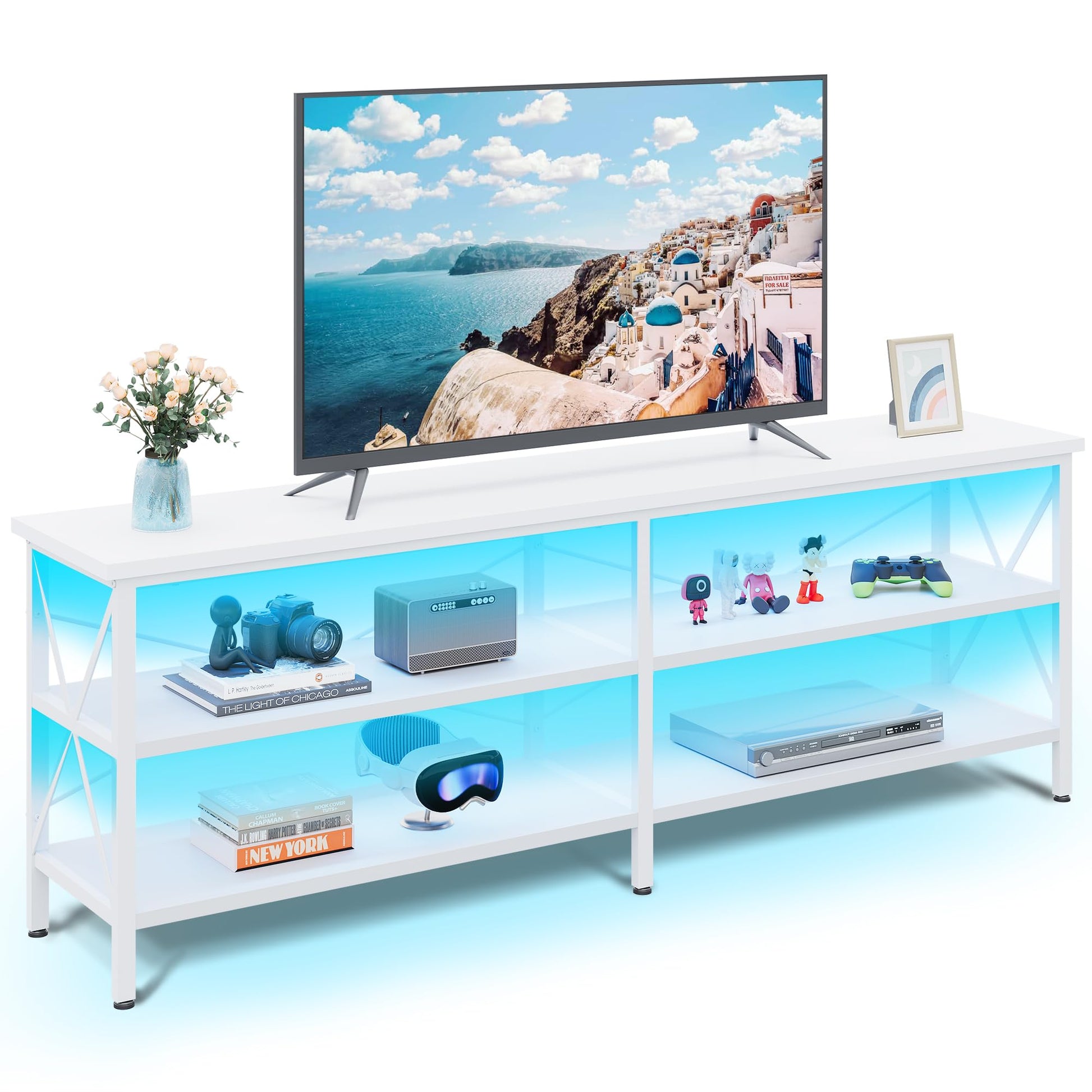 WLIVE TV Stand up to 70 Inch TV, 63" Entertainment Center with LED, TV Media Console with 3-Tier Storage Shelves for Living Room and Bedroom, White - WoodArtSupply