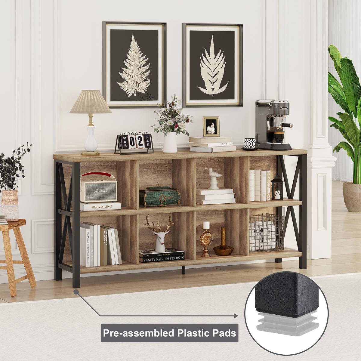 FATORRI 8 Cube Storage Organizer Bookshelf, Rustic Wood Cubby Bookcase, Industrial Horizontal Long Shelf for Living Room (Rustic Oak, 62 Inch) FATORRI