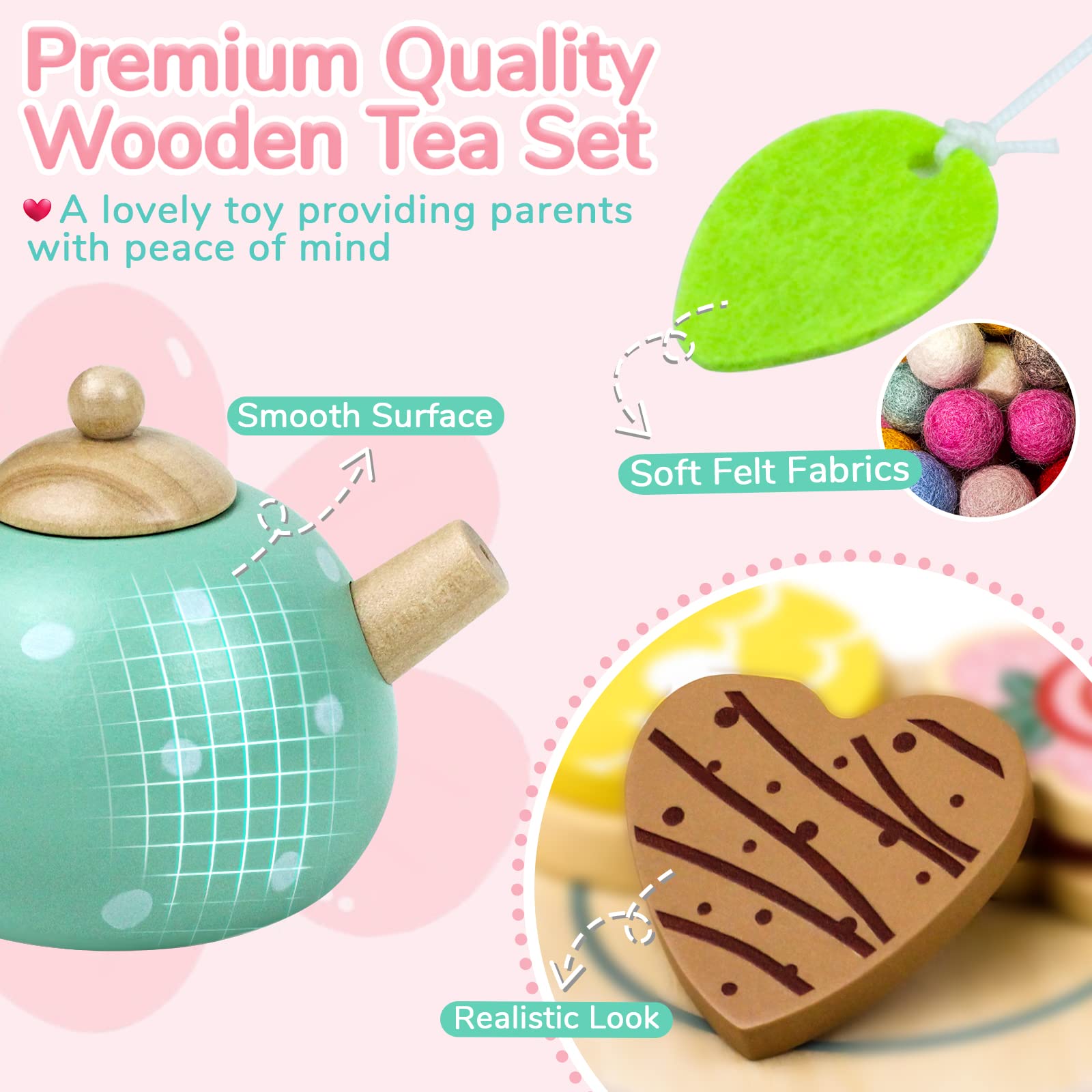 Wooden Tea Set for Little Girls Play Food Pretend Play Kitchen Accessories for 3 4 5 Years Old Girls and Boys Toddler Princess Tea Time Party Food Toys - WoodArtSupply