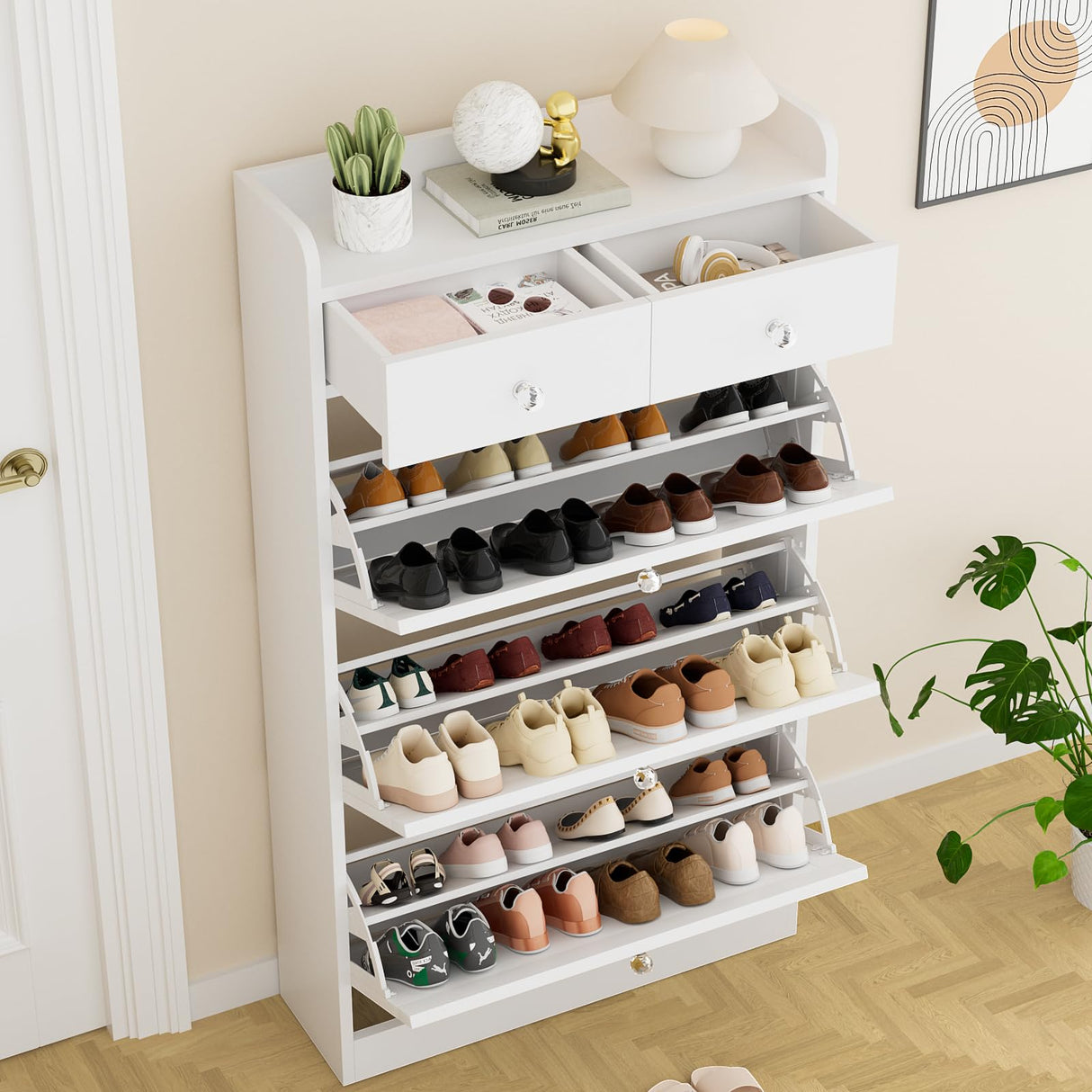 VOWNER Shoe Cabinet with 3 Flip Drawers & 2 Drawers, Freestanding Shoe Storage Cabinet with Adjustable Shelves, Shoe Organizer for Entryway, Hallway, Living Room, White VOWNER