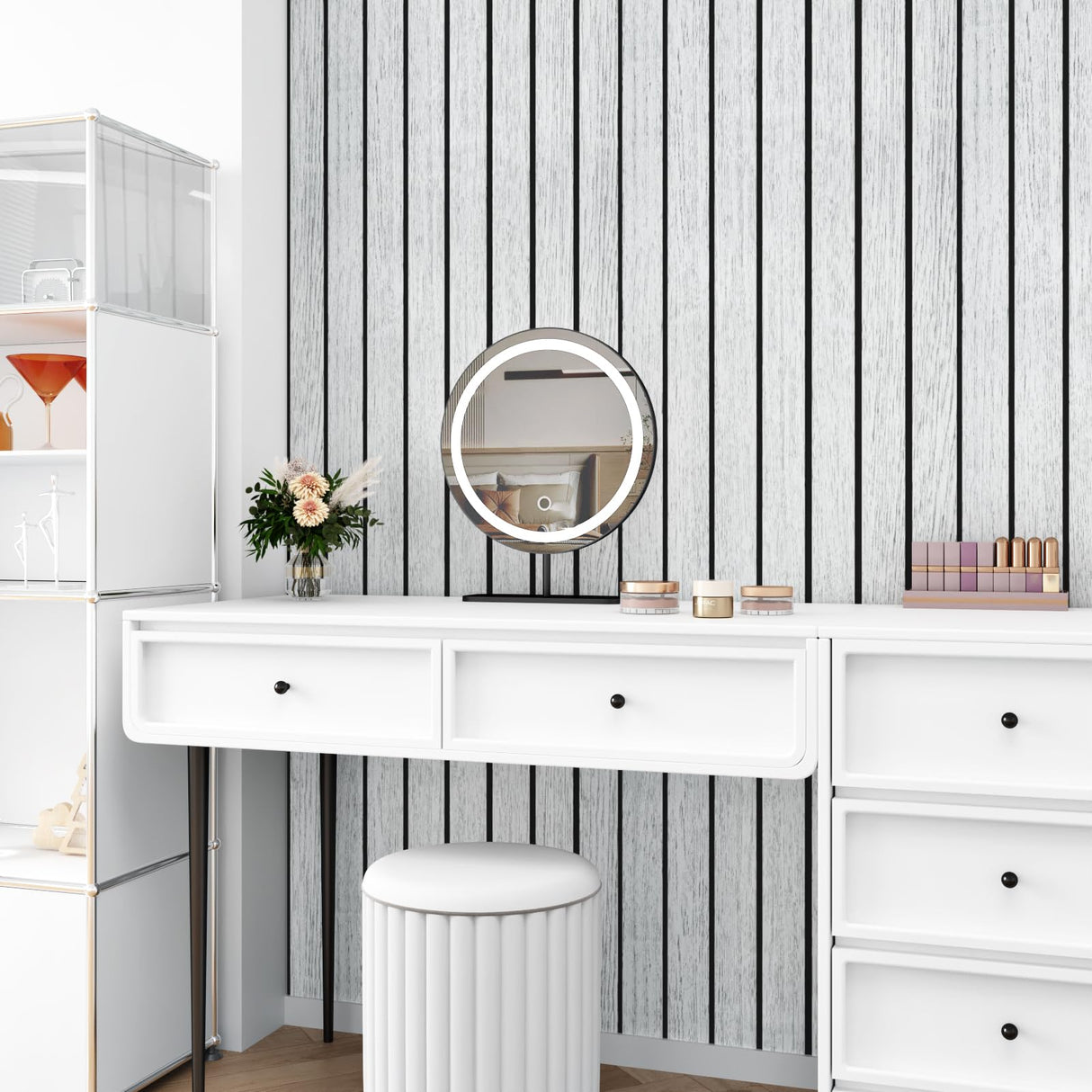 STICKEEP White/Grey 3D Wood Slat Panels for Walls Peel and Stick PVC Slat Wall Paneling Soundproof Self Adhesive Faux Wooden Slatted Panel for Wall Decor Interior Living Room Bedroom 120"x 12" STICKEEP