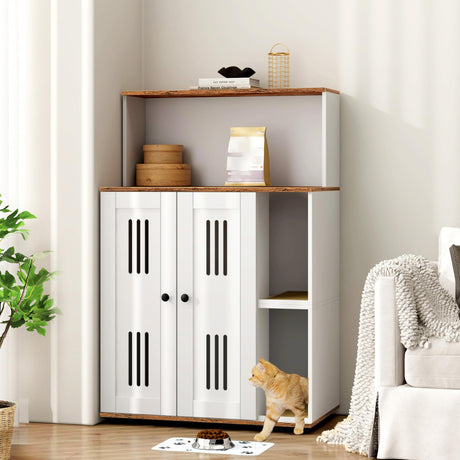 Rovibek Cat Litter Box Enclosure for 2 Cats, Litter Boxes Furniture Hidden with Storage, Cat Litter Cabinet with Scratch Mat, Fit Most of Litter Box, White Rovibek