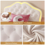 ADORNEVE Twin Size LED Bed Frame with Storage Drawer, Girls Twin Bed Frame with Adjustable Crystal Button Headboard, Velvet Princess Platform Bed for Girls, Solid Wooden Slats,Creamy White ADORNEVE