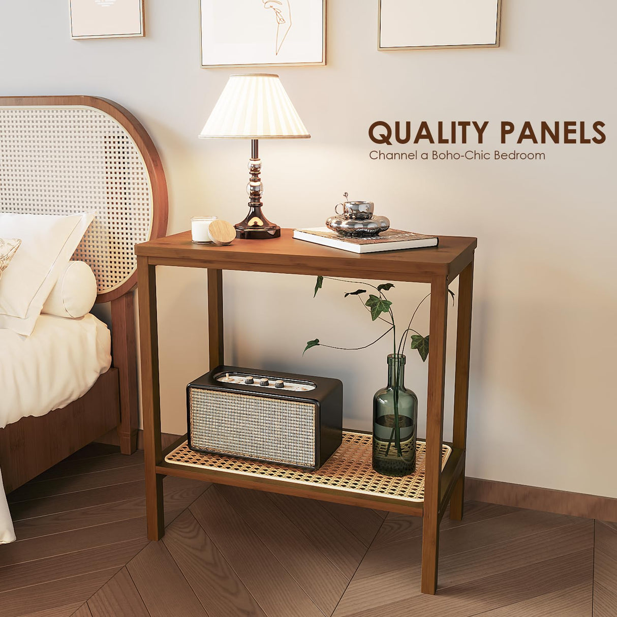 Rattan Side Table Mid Century Modern End Table 2-Tier with Storage Night Stand Narrow Coffee Table Boho Bamboo Living Room Table Bamworld