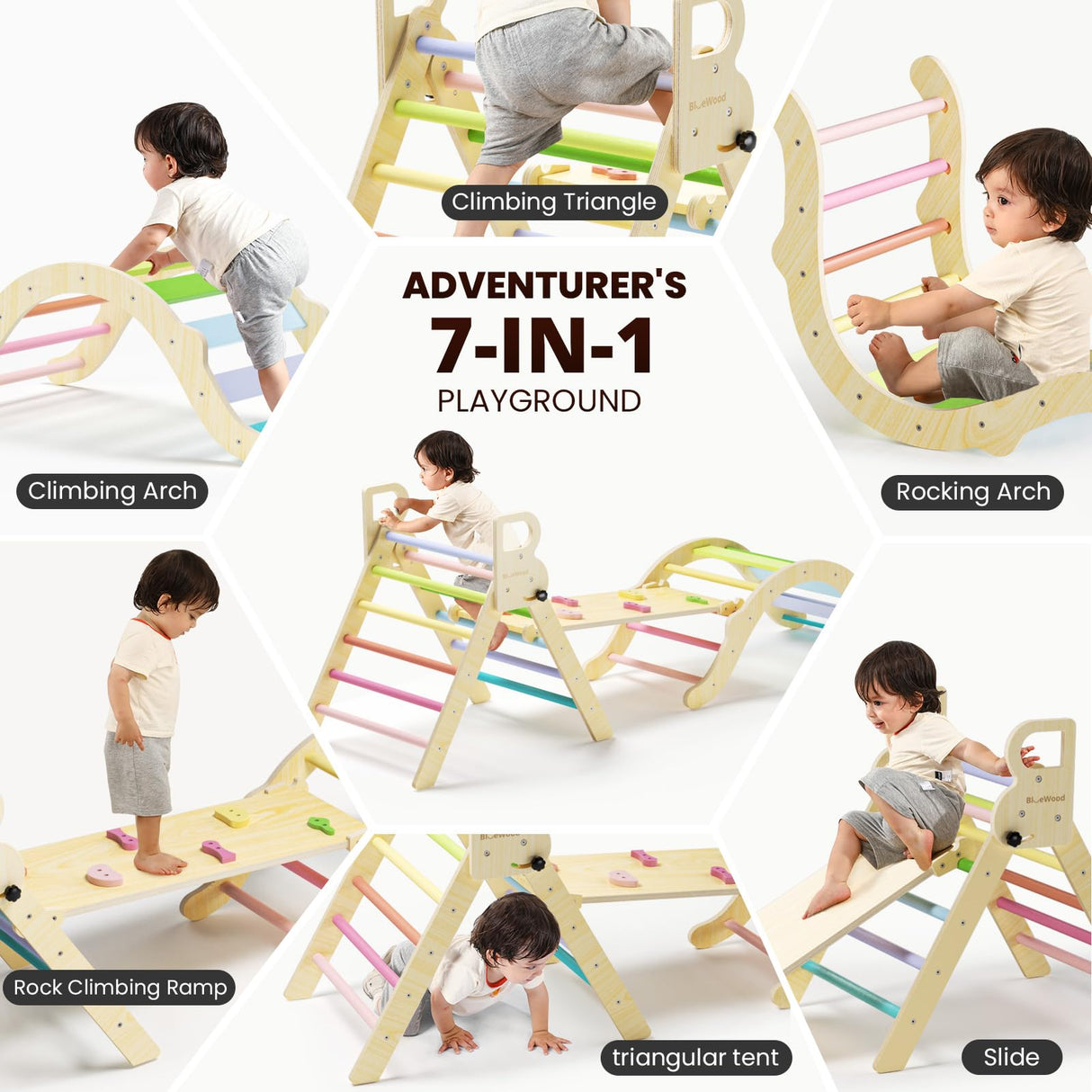 BlueWood Pikler Triangle Set, Toddler Wooden Climbing Toys Indoor 7in1 Foldable Climber for Kids, Montessori Philosophy Play Jungle Gym with Arch, Ramp, Ladder (Colorful Spring) BlueWood