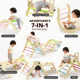 BlueWood Pikler Triangle Set, Toddler Wooden Climbing Toys Indoor 7in1 Foldable Climber for Kids, Montessori Philosophy Play Jungle Gym with Arch, Ramp, Ladder (Colorful Spring) BlueWood