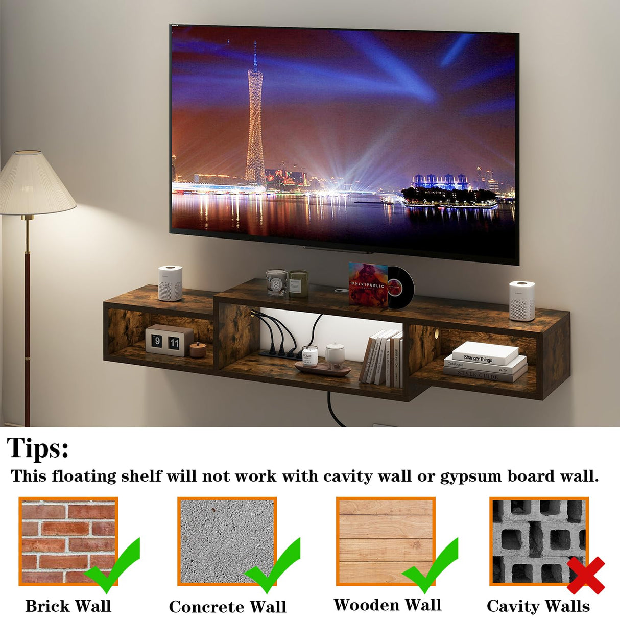 IBUYKE 59" Floating TV Stand Wall Mounted with Power Outlet,Wood Wall Mounted Media Console Shelf,Floating Entertainment Center for Under TV Storage for Living Room Bedroom Office,Rustic Brown WST007H IBUYKE