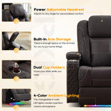 IPKIG Homer Theater Seating Recliner, Power Recliner Chair with Adjustable Powered Headrest, 4 Colors Ambient Lightings, Hidden Arm Storage, USB Port, Side Pockets and Cup Holders (1, Brown) IPKIG