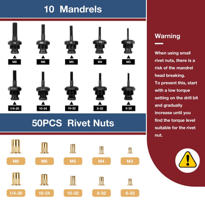 YUZES Rivet Nut Tool Adapter for Cordless Drill Electric- Newly Labor-Saving Rivet Nut Gun Kit with 5 Metric and 5 SAE Mandrels and 50Pcs Assorted Rivet Nuts, Rugged Carrying Case - WoodArtSupply