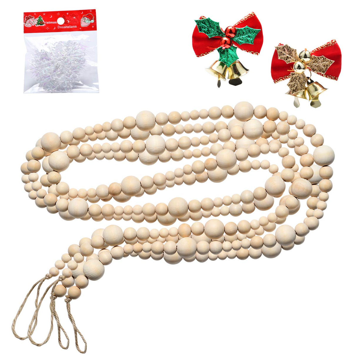 2PCS 86in Christmas Wood Bead Garland, Creative Wooden Beads Garland for Christmas Valentine‘s Day Decor, Farmhouse Wall Home Rustic Country Natural Holiday Decoration Hanging Prayer Beads Abitoncc