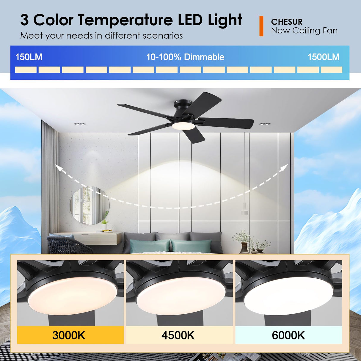 52 Inch Ceiling Fan with Lights and Remote/APP Control - Black Flush Mount Ceiling Fan with Dimmable LED Light, Reversible DC Motor, Low Profile Ceiling Fan for Modern Indoor and Outdoor Patios CHESUR