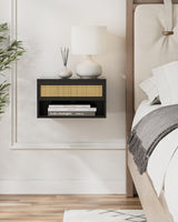 Aienvey Floating Nightstand, Small Modern Floating Nightstand with Drawer, Floating Shelves for Bedroom, Bathroom, Black Rattan Aienvey