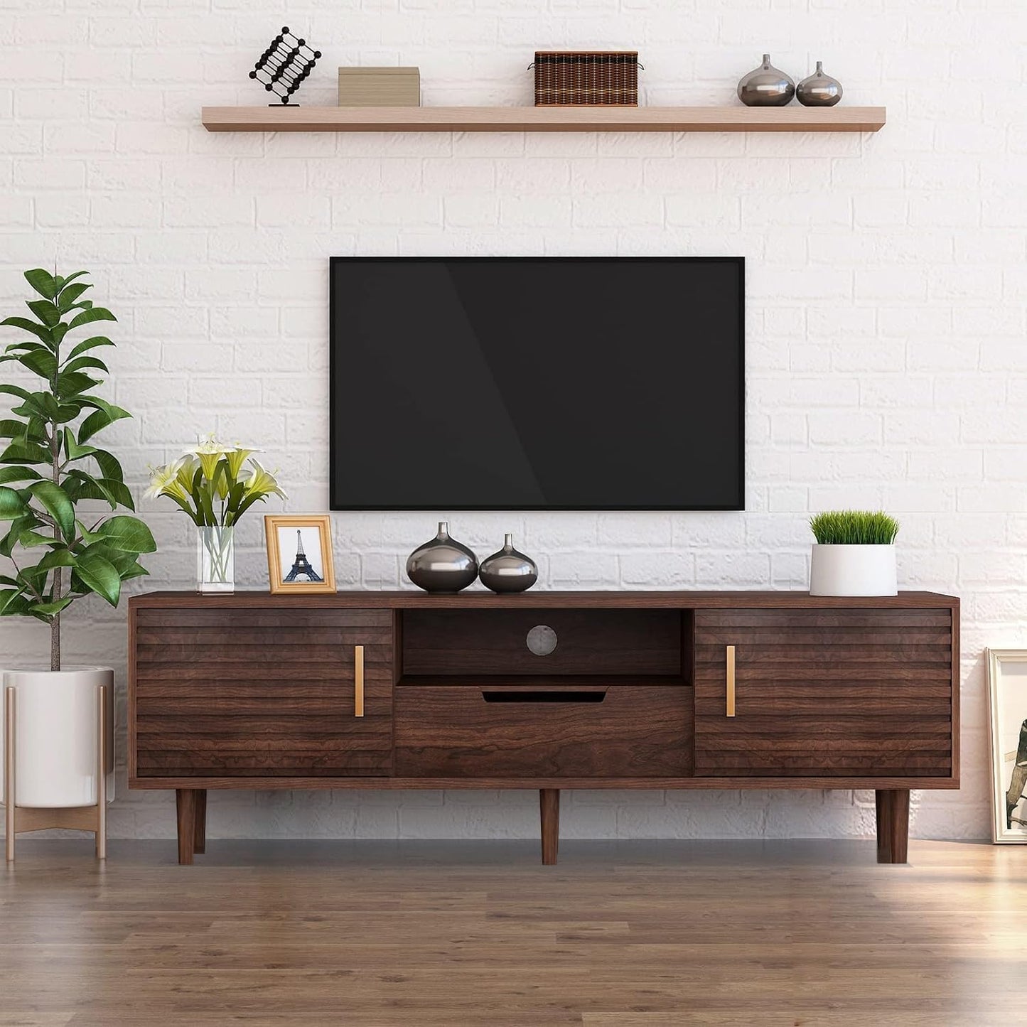 Mid-Century Modern TV Stand for TVs up to 65" Wood TV Console Media Cabinet with Drawer, Sliding Door Storage Cabinet, Open Shelf Home Entertainment Center for Living Room and Bedroom, Brown 59"