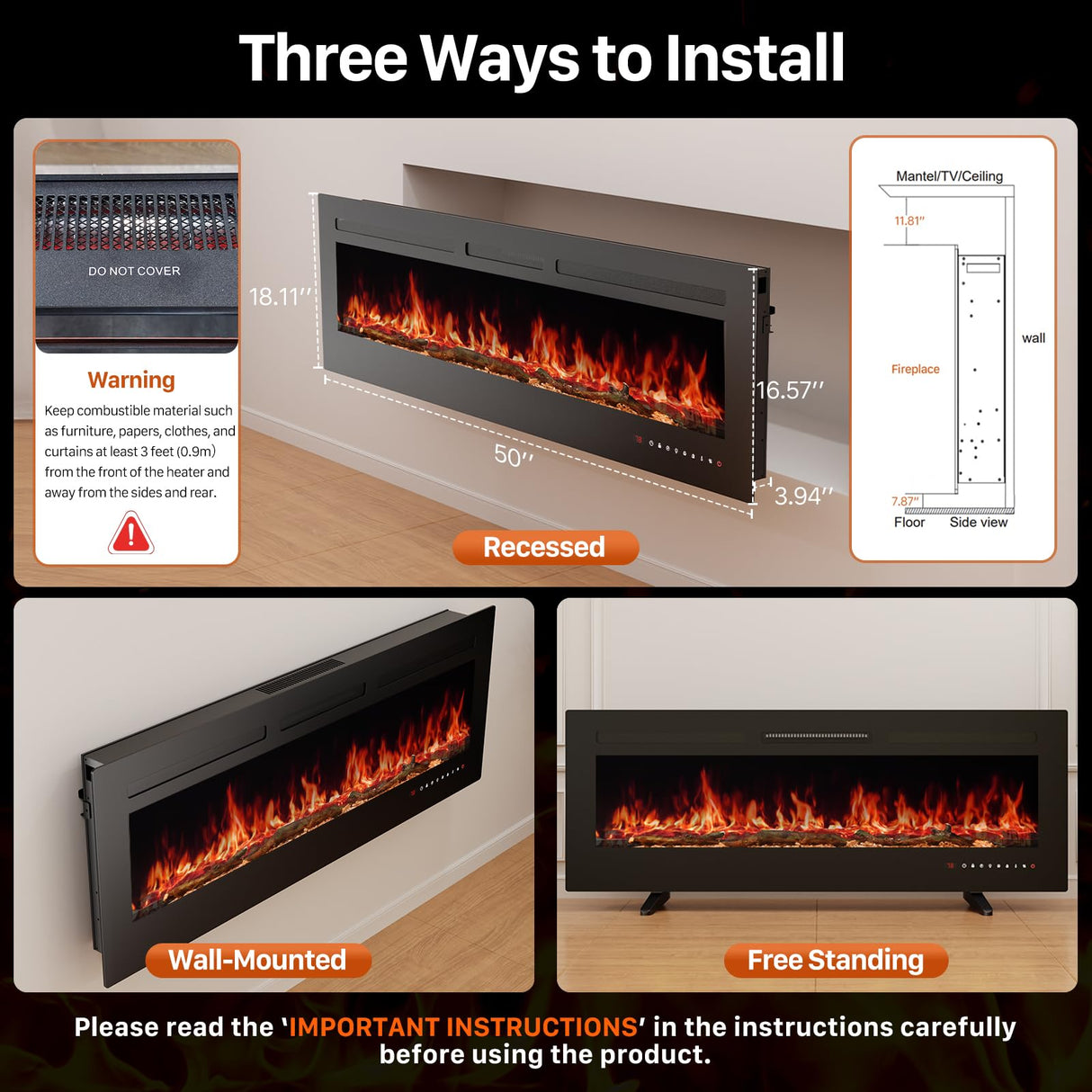 Sweetcrispy 50" Electric Fireplace Wall Mounted or Recessed Insert, 1500W/750W Freestanding Fireplaces Heater with Remote Control,13 Adjustable Flame Color, 12H Timer, Touch Screen Sweetcrispy