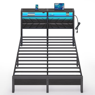 Seventable Bed Frame Queen Size with Charging Station, LED Bed with Upholstered Storage Headboard, Metal Platform Bed with Under Bed Storage, No Box Spring Needed, Noise Free, Easy Assembly, Black