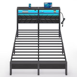 Seventable Bed Frame Full Size with Charging Station, LED Bed with Upholstered Storage Headboard, Metal Platform Bed with Under Bed Storage, No Box Spring Needed, Noise Free, Easy Assembly, Black Seventable