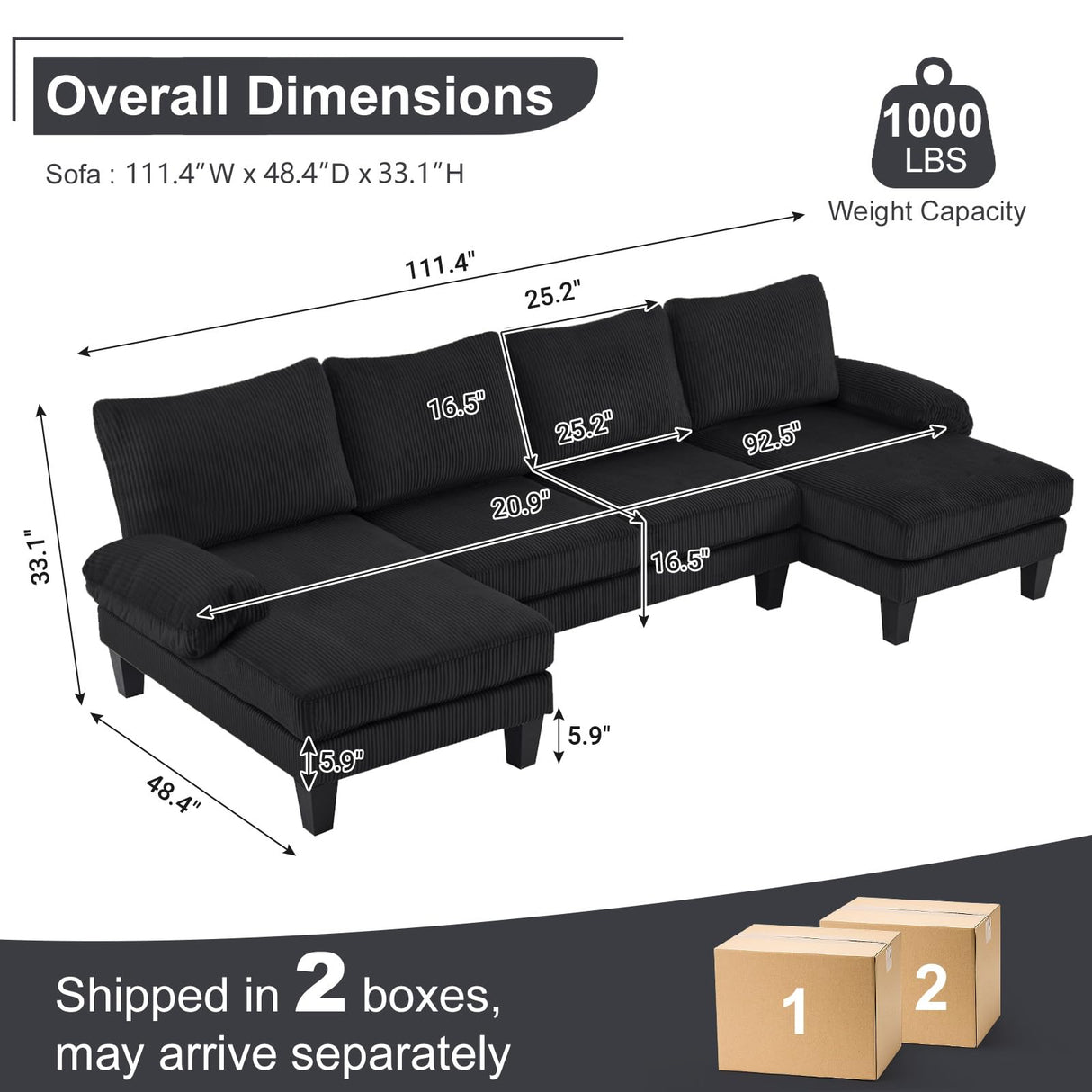 Karl home U-Shape Sectional Sofa Couch 111" Modern 4-Seat Sofa with Chaises Corduroy Fabric Upholstered Covertible Couch with Wood Grain Legs for Living Room, Reception Room, Apartment, Black Karl home
