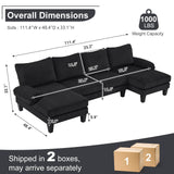 Karl home U-Shape Sectional Sofa Couch 111" Modern 4-Seat Sofa with Chaises Corduroy Fabric Upholstered Covertible Couch with Wood Grain Legs for Living Room, Reception Room, Apartment, Black Karl home