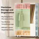 IRONCK Closet Racks on Wheels with Mirror and 10 Shelves, Portable Freestanding Wooden Closet Garment Rack with Hang Rod, White IRONCK