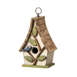 Glitzhome 9.5" H Hanging Bird House Distressed Solid Wood Decorative Outdoor Garden Birdhouse with Natural Wood Pallet Roof and 3D Tree,Washed White Glitzhome