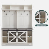 JXQTLINGMU Farmhouse Entryway Bench with Coat Rack, 20 Shoe Cubbies & 12 Coat Hooks, 59" Wide Hall Tree with Shoe Storage Bench, Sliding Barn Doors, Mudroom Storage Cabinet, Off White JXQTLINGMU
