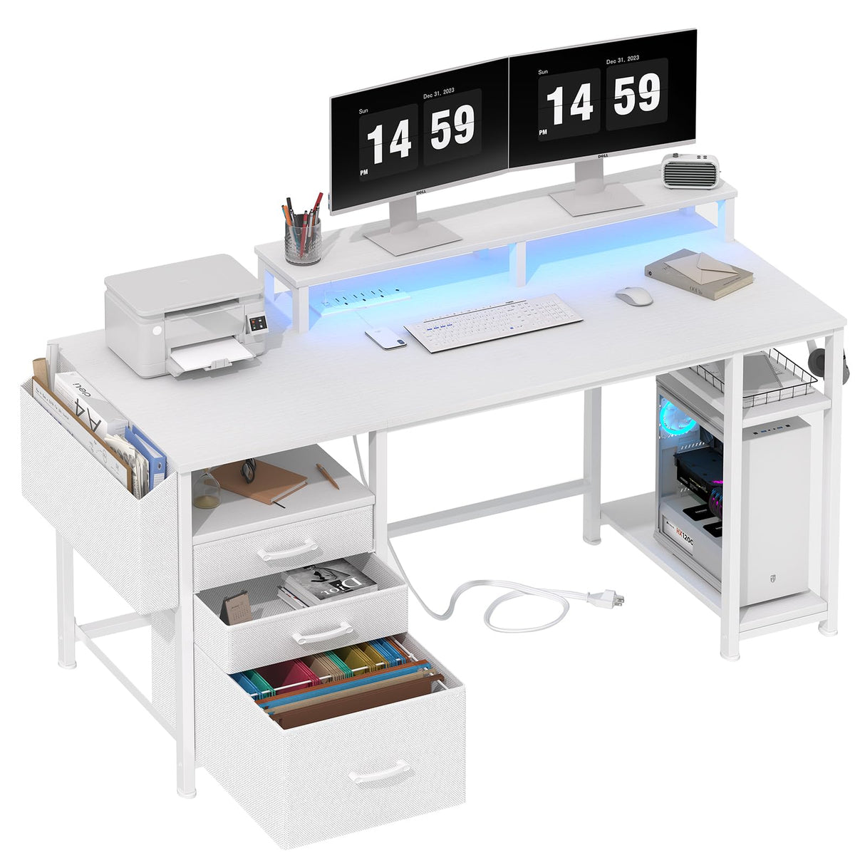 Lufeiya White Computer Desk with File Drawers Cabinet, 55 Inch Home Office Desk with Monitor Stand Shelves, Writing Study Gaming Desks with Led Light Power Outlets for Bedroom, White Lufeiya