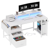 Lufeiya White Computer Desk with File Drawers Cabinet, 55 Inch Home Office Desk with Monitor Stand Shelves, Writing Study Gaming Desks with Led Light Power Outlets for Bedroom, White Lufeiya