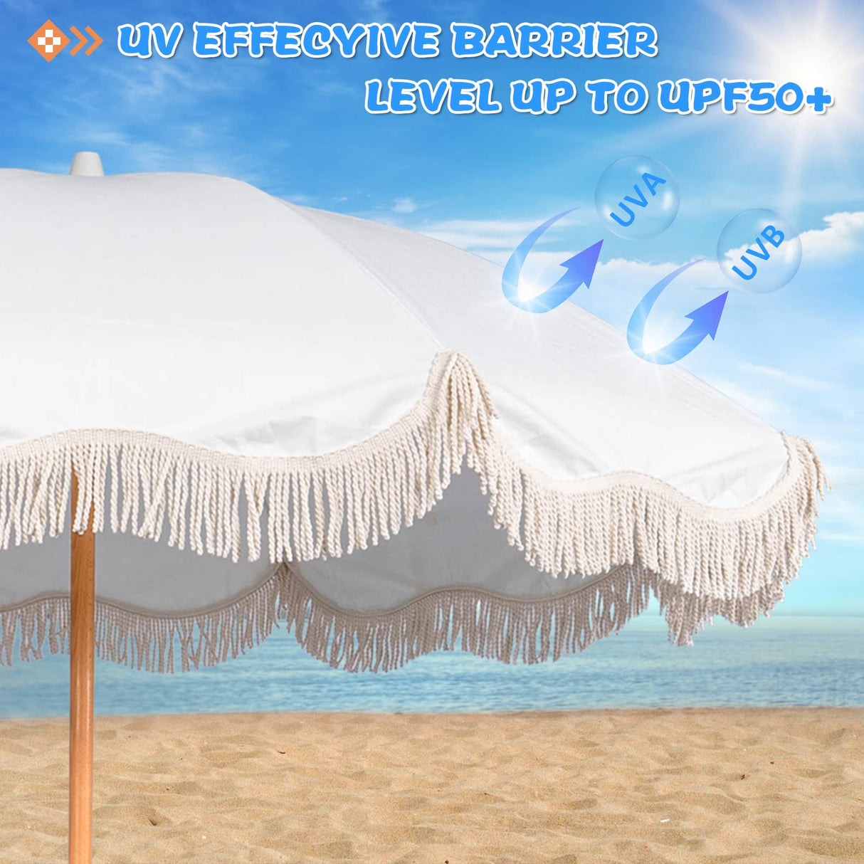 Funsite 6.5ft Boho Beach Umbrella with Fringe, UPF 50+ Tassel Umbrellas with Carry Bag, Premium Wood Pole Foldable Patio Umbrella for Outdoor Holiday Garden Lawn Pool Yard Table, White Funsite