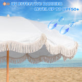 Funsite 6.5ft Boho Beach Umbrella with Fringe, UPF 50+ Tassel Umbrellas with Carry Bag, Premium Wood Pole Foldable Patio Umbrella for Outdoor Holiday Garden Lawn Pool Yard Table, White Funsite