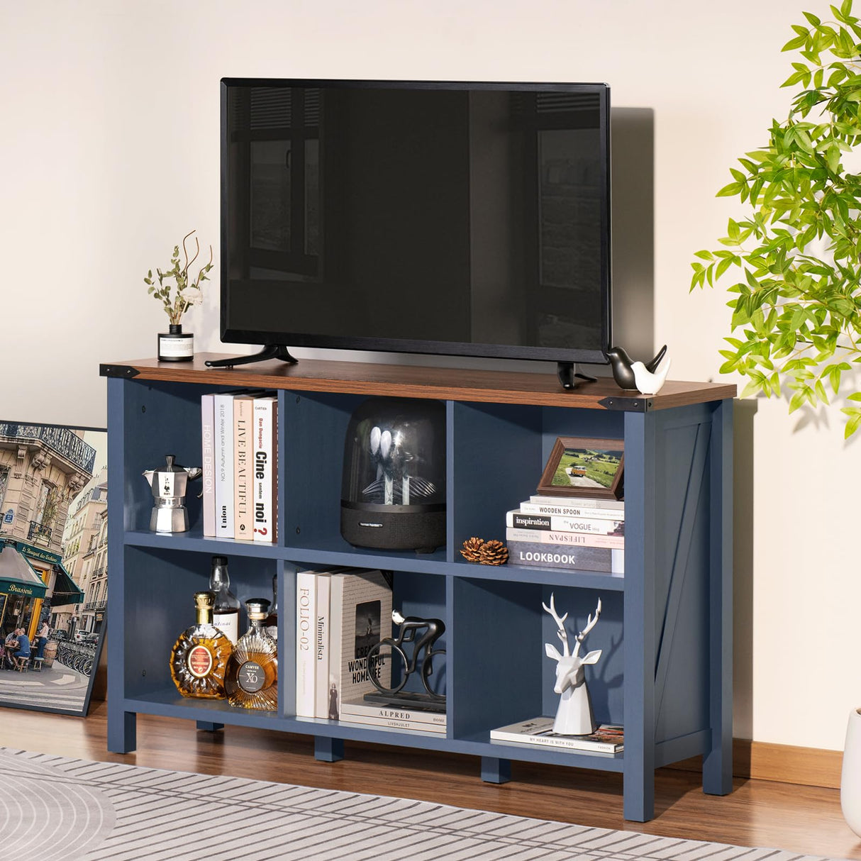 Joaxswe Rustic Navy Blue 6-Cube Bookcase & Storage Organizer Joaxswe