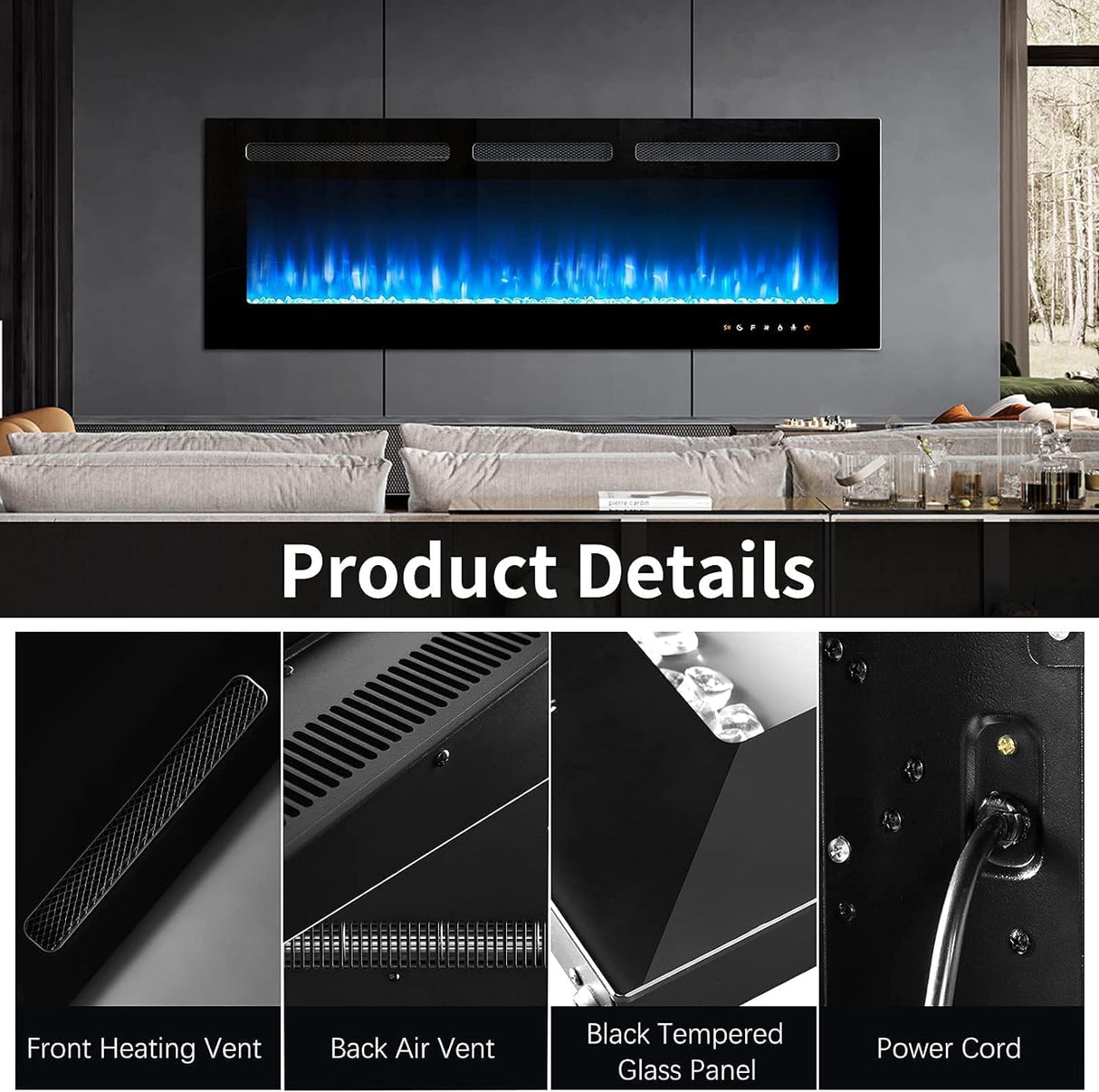 oneinmil Electric Fireplace, 50 inch Wide Recessed/Wall Mounted Electric Fireplace, Remote Control with Timer 12 Adjustable Color Flame, Remote Control,with Crystal Stone, 750/1500W oneinmil