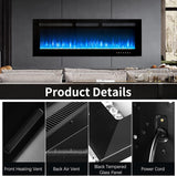 oneinmil Electric Fireplace, 50 inch Wide Recessed/Wall Mounted Electric Fireplace, Remote Control with Timer 12 Adjustable Color Flame, Remote Control,with Crystal Stone, 750/1500W oneinmil
