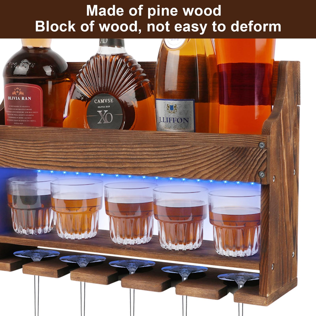 TIRYIUOU 2 Pack Wall Mounted Wine Rack, Wood LED Wine Glass Rack, Bar Shelf, Wine Glass Holder Wall Mounted, Floating Bar Shelves for Kitchen, Dining Room, Home Bar TIRYIUOU