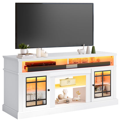 YITAHOME White TV Stand for 75/65 Inch TVs, 32'' Tall Mid Century Modern TV Cabinet with Adjustable Shelves and Glass Doors, Modern Entertainment Center TV Media Console Table for Living Room - WoodArtSupply