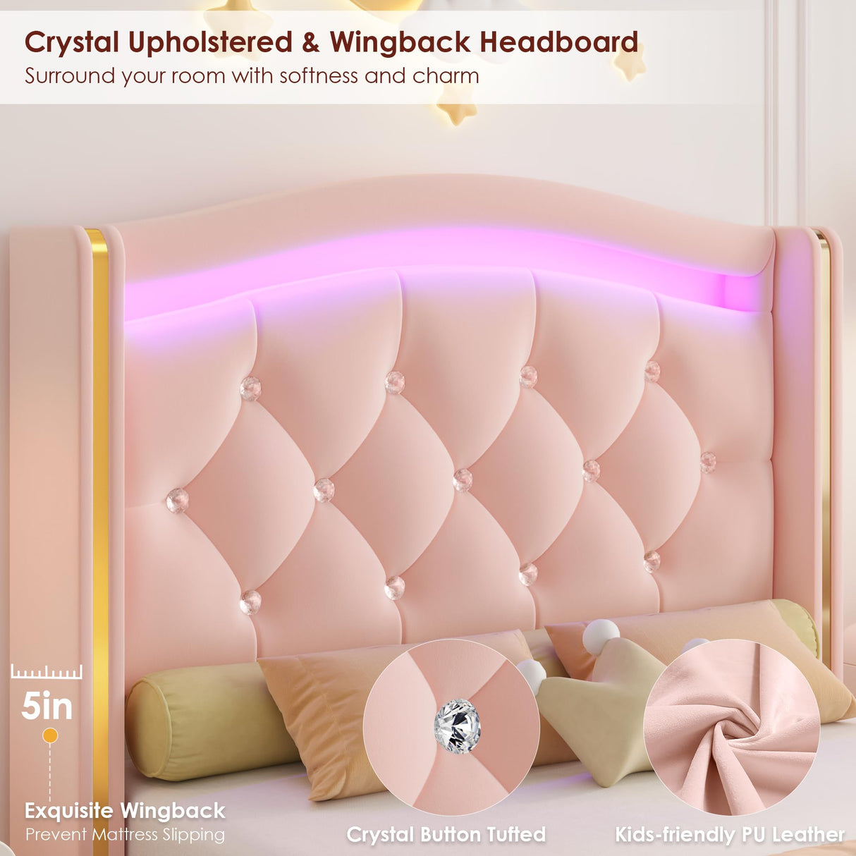 HIFIT Upholstered Twin LED Bed Frame with Crystal Button-Tufted Headboard and 4 Storage Drawers, Velvet Princess Twin Size Platform Bed Frames for Kids/Girls, No Box Spring Needed, Easy Assembly, Pink HIFIT