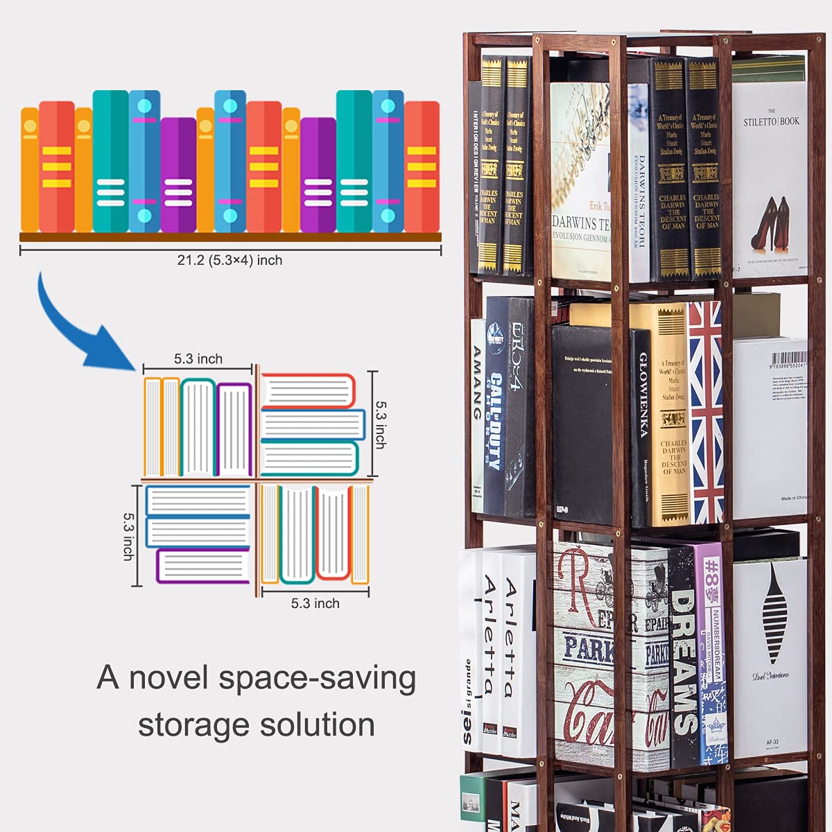 COPREE 5-Tier Walnut Bamboo Rolling Bookshelf with 360° Rotation and Wheels - WoodArtSupply