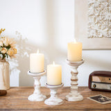 Romadedi Wood Candle Holders for Pillar Candles - Set of 3 Tall Farmhouse Wooden Candlestick Holder, Rustic Candle Stand for Fireplace Mantle Shelf Table Home Decor, Brown Whitewashed 3.9"/6"/ 8.3" Romadedi