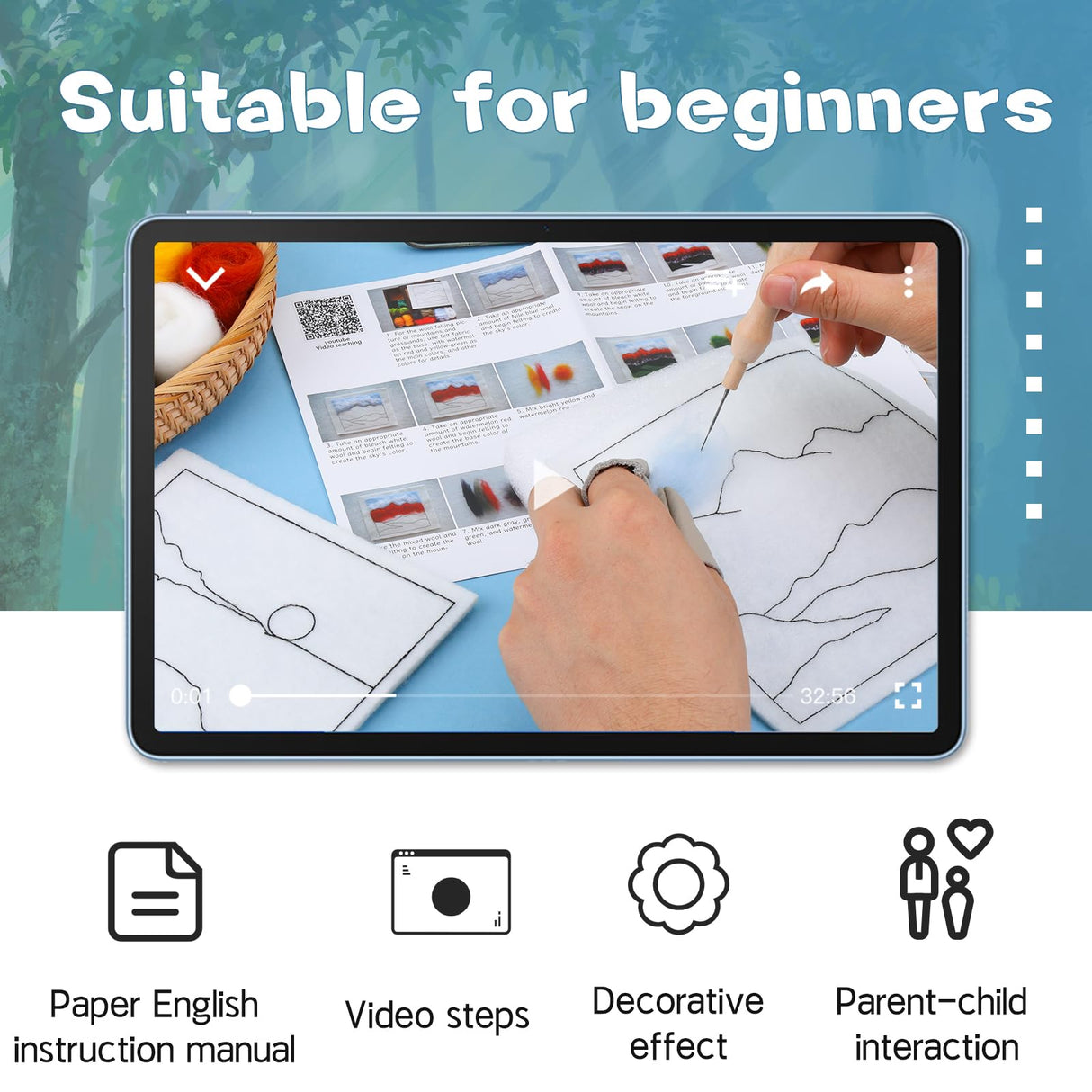 QMNNMA Needle Felting Kits for Beginners, Needle Felt Painting Kit, Wool Felting Kit with Picture Frame, Foam Pad, Felt Cloth, and Instructions, Used for Home Decoration, Art Craft QMNNMA